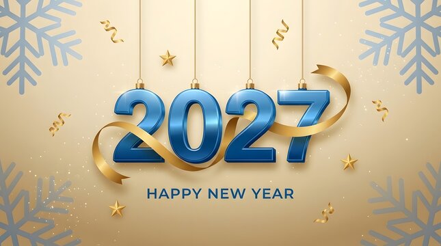 Luxury horizontal banner for Happy New Year 2027 featuring metallic blue numbers, golden ribbon, hanging ornaments, snowflake pattern, and beige background.