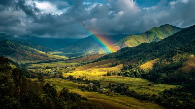 Scenic rainbow stretching across rolling green hills in a peaceful rural countryside landscape with lush nature, blue sky, serene meadows, fresh spring scenery, idyllic farmland, and tranquil outdoor 
