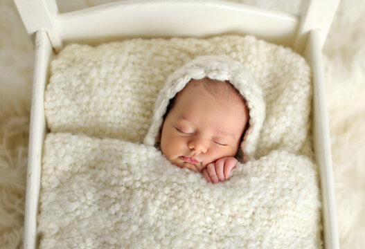 Swaddled newborn baby sleeping peacefully in bed