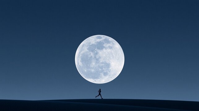 Silhouette of a person jumping beneath a bright full moon