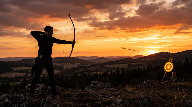 Silhouette of an archer shooting an arrow at a target during sunset over a mountainous landscape