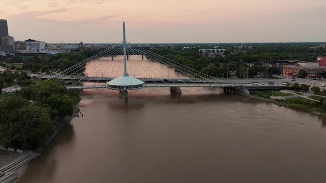 Aerial view of Esplanade Riel bridge in Winnipeg at dusk