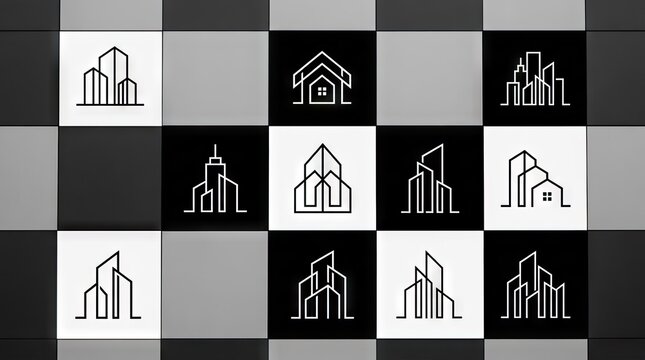 Minimalist building and house logo collection on checkered grid