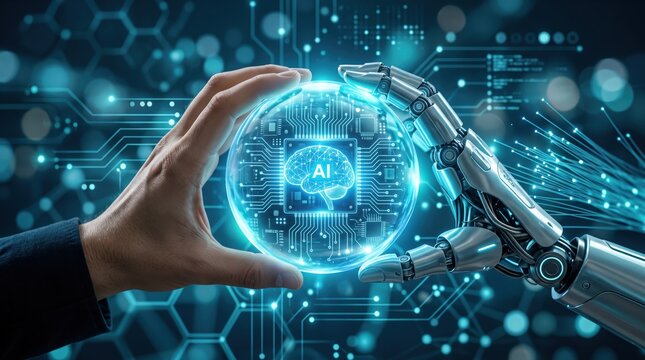 Human hand and robotic arm holding glowing sphere with AI brain chip inside, symbolizing artificial intelligence and future tech collaboration