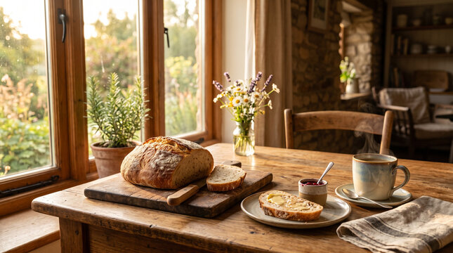 Freshly baked artisan bread with butter and a steaming mug on a rustic table by a window
