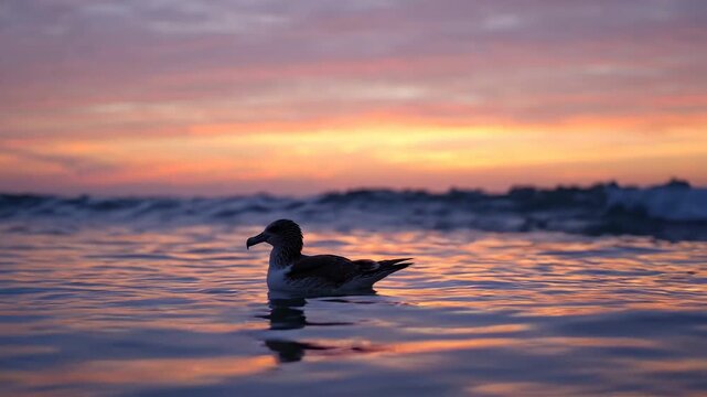 Lone seabird swimming calmly in ocean waters during a serene and colorful sunset at dusk