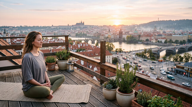 Woman meditating on a rooftop terrace with a panoramic view of Prague at sunset