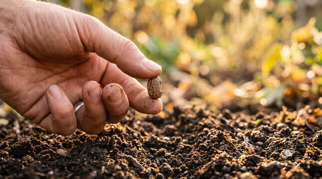 Close up of a farmer hand planting a large seed in dark soil