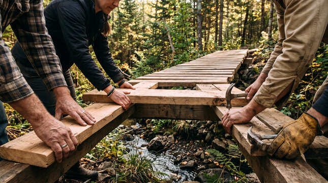 Team of People Building a Wooden Bridge Over a Forest Stream