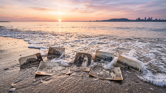 Vintage Photographs Washing Ashore on a Beach at Sunset