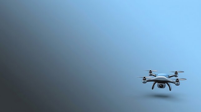 A small quadcopter drone flying against a clear blue sky during a sunny day for aerial photography