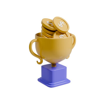 3D illustration render of a victory trophy cup full of coins for business award and achievement concepts