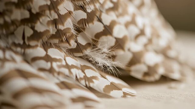 Macro detail of brown and white spotted bird feathers.