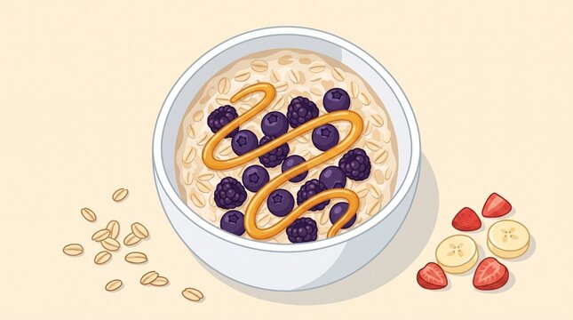 Flat vector illustration of healthy oatmeal porridge bowl with blueberries blackberries and honey drizzle