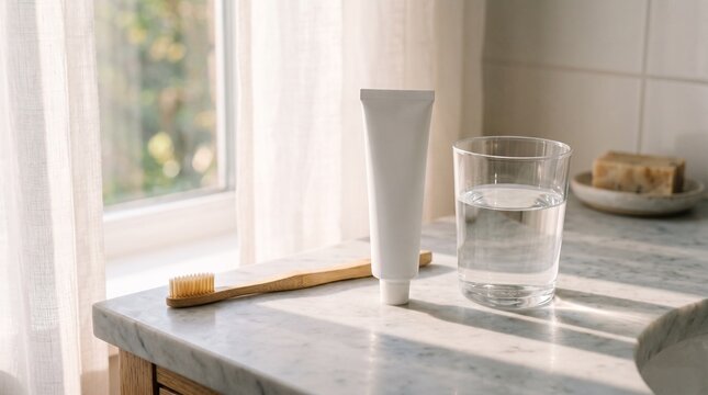 Minimalist Dental Care Essentials on Bathroom Counter with Toothbrush, Toothpaste and Glass of Water