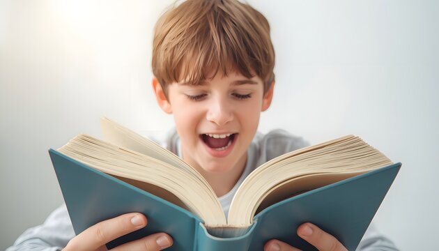 Happy Boy Reading Open Book with Joy for National Read a Book Day