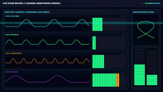 Professional sound levels monitoring screen with green wave forms