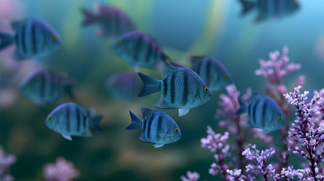 A school of blue and black striped fish swims gracefully near vibrant purple coral formations under soft oceanic lighting