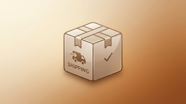 Isometric illustration of a cardboard delivery box with a shipping truck icon and a check mark symbol