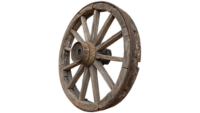 Old vintage wooden wagon wheel from cart isolated on transparent background