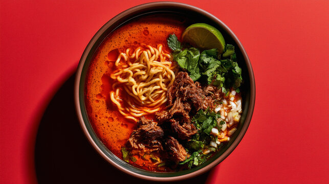 Japanese ramen bowl with soft-boiled egg and chashu pork, overhead flat lay with copy space &mdash; perfect for restaurant menus, Asian cuisine branding, and food blog content