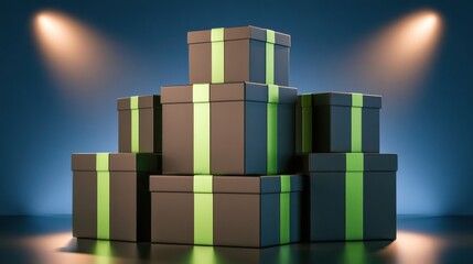 Naklejka premium Dramatic pile of gift boxes with green ribbons under spotlight on dark blue background