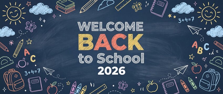 Welcome back to school 2026 text on a blackboard background with hand-drawn supplies and educational doodles, suitable for academic season banners and classroom social media announcements.
