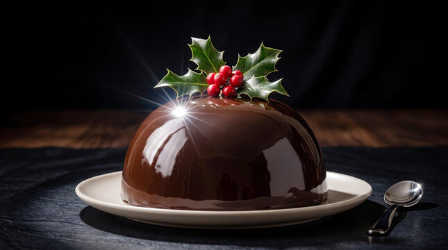 chocolate candy canesTraditional christmas pudding with chocolate ganache topping, decorated with holly berries and leaves, set against a