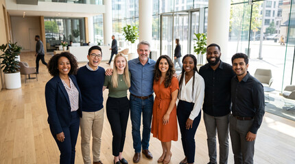 Fototapeta premium A diverse group of professionals smiling together in a modern office space, showcasing camaraderie and teamwork.