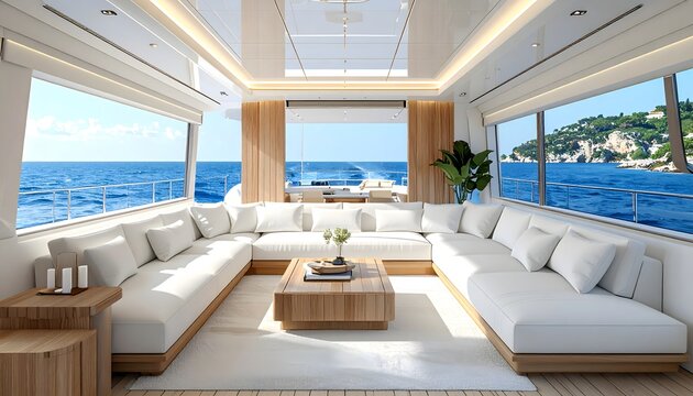 Sal&oacute;n interior de yate de lujo con sof&aacute;s blancos, grandes ventanales y vistas panor&aacute;micas al mar