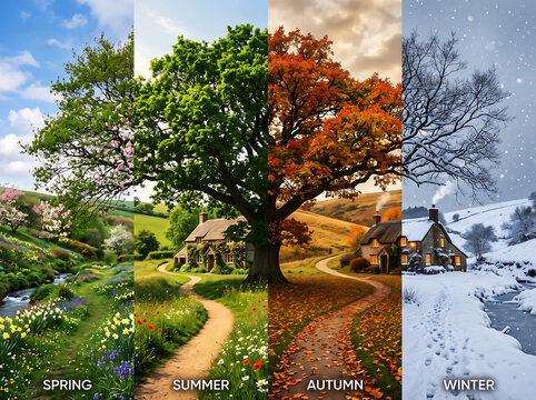 Four seasons landscape with large tree showing spring summer autumn and winter transitions over hills.