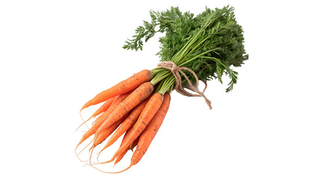 Bunch of fresh raw organic carrots with greens isolated on transparent background