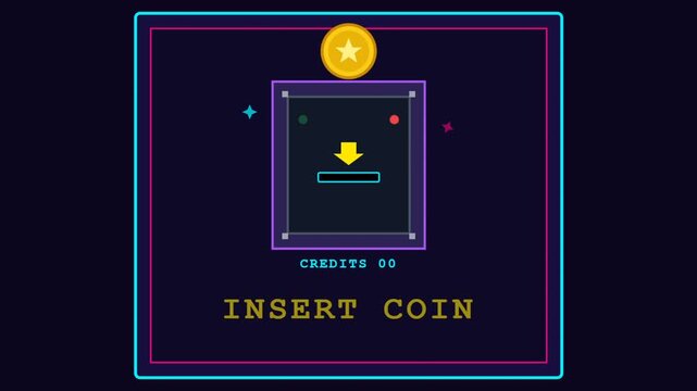 Retro arcade coin insert screen video scene.