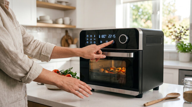 A woman adjusts the settings on a modern black air fryer oven in a bright kitchen, preparing healthy meals with fresh vegetables.