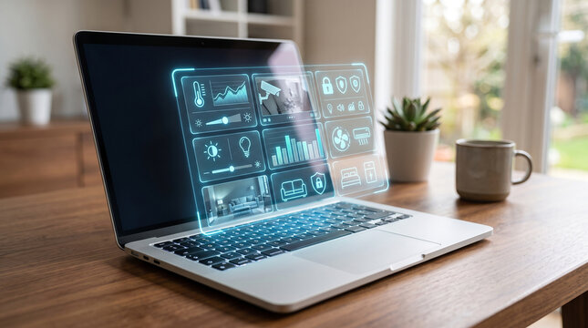 A sleek laptop displaying virtual interface elements, symbolizing modern technology and smart home features.