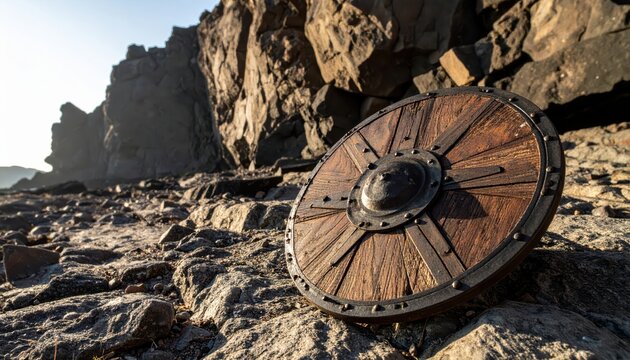 Ancient Viking Shield Resting on Rocky Terrain Against Rugged Mountain Landscape at Sunset