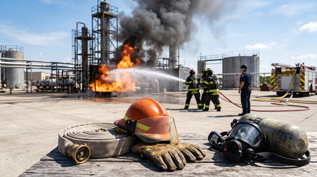A firefighter's helmet and equipment on a table with fire and smoke billowing from an industrial site in the background.