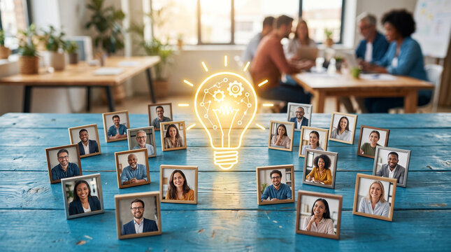 Diverse group of professionals collaborating with a light bulb symbolizing innovative ideas and teamwork in a modern office setting.
