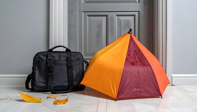 Tienda de campa&ntilde;a naranja y mochila negra preparadas sobre el suelo frente a una puerta en un interior luminoso