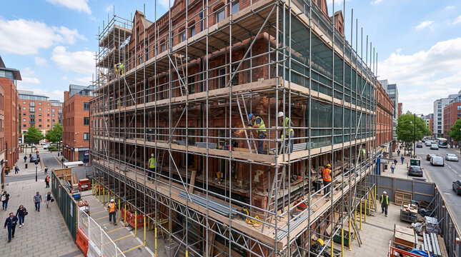 Construction workers on scaffolding, performing renovation on a historic building in an urban setting.