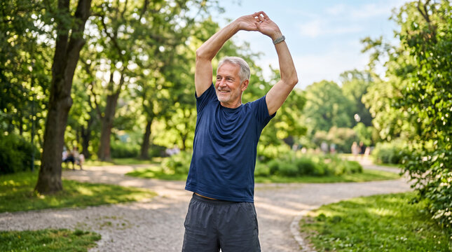 Happy older man stretching outdoors in a park, enjoying a healthy lifestyle amidst lush greenery.