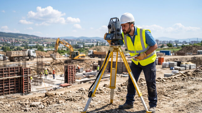 A male construction worker of Middle-Eastern descent using a total station on a construction site under a clear sky.