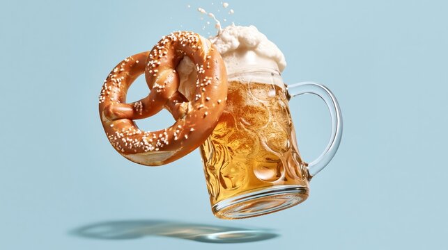 A dynamic floating traditional Oktoberfest beer mug with splashing foam and a salted pretzel isolated on a pastel blue background.