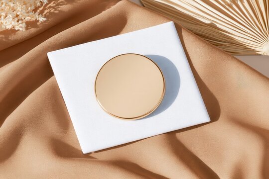 White square card with round beige enamel pin mockup on soft fabric background