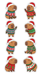 Fototapeta premium Cute Capybara Wearing Christmas Sweaters and Hats