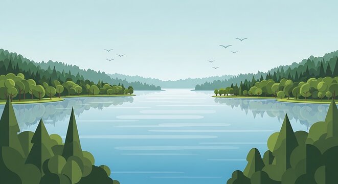 Serene lake with lush green vegetation and clear sky.