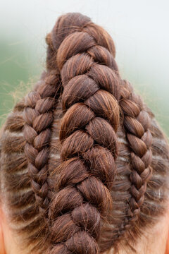 Brown braids cascade down a person's back. Hair is thick, textured, and styled in intricate patterns.
