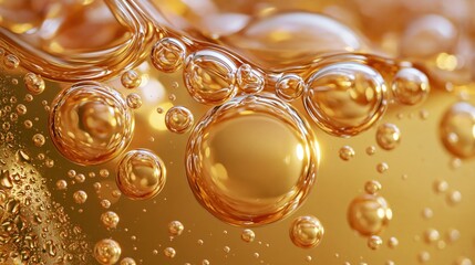 Fototapeta premium Extreme macro photography of golden beer bubbles and condensation droplets forming a refreshing abstract liquid background.
