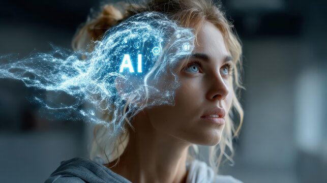 AI innovation visualized with a woman's head emanating digital energy and the AI symbol. ..Created with Generative AI, not depicting real subjects.