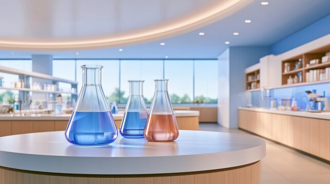 Modern research lab with glowing glassware on round table under soft lighting